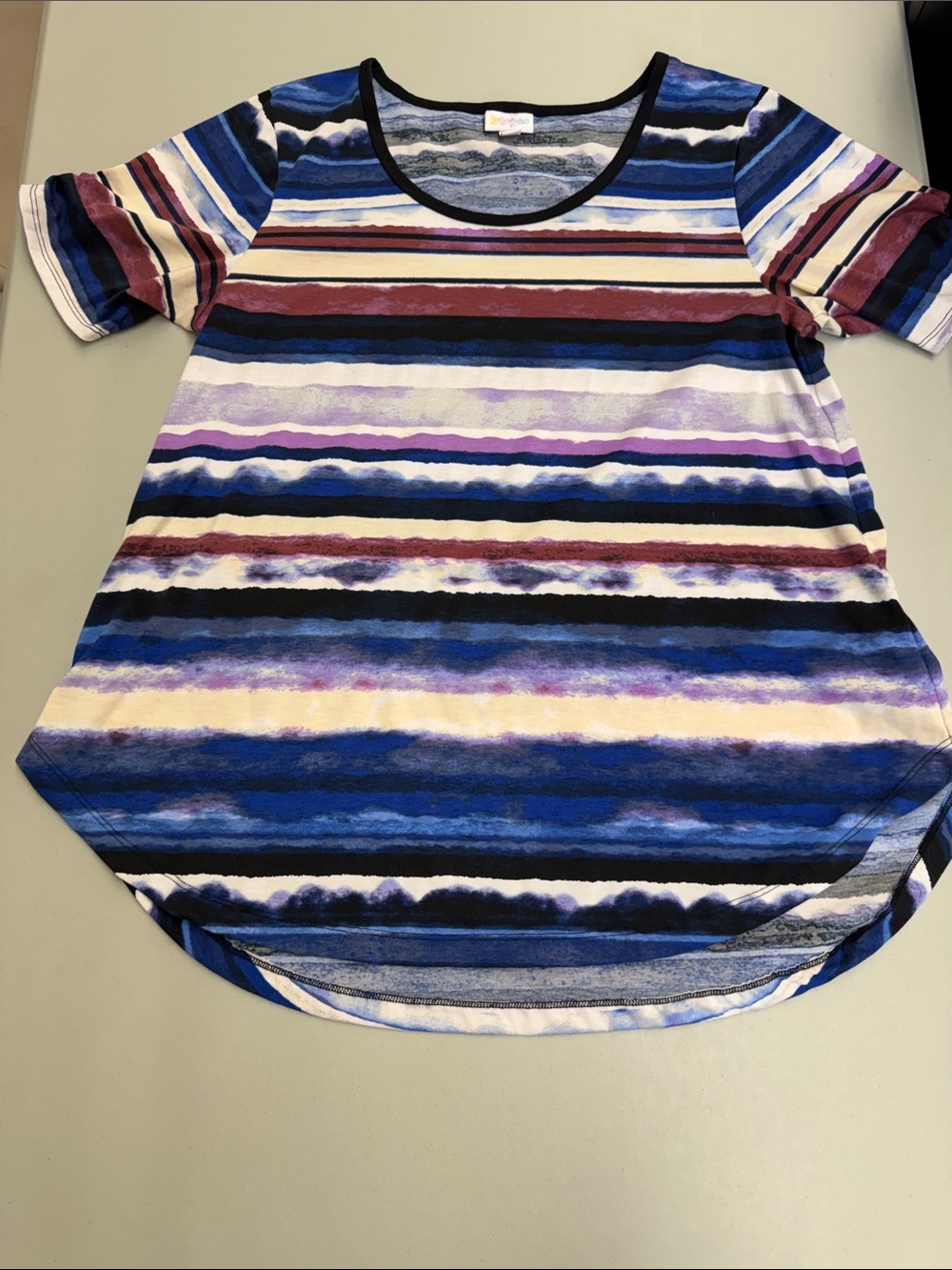 LuLaRoe Striped Scoop-Neck Top in Blue, White, Purple, and Maroon